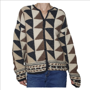 Women's Cardigan Geometric Patterned Black, Brown, Cream Hand knit FUN-ART